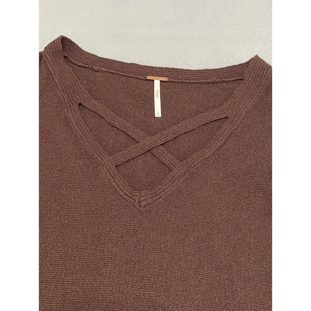 Free People XS Brown Lattice V-Neck Ribbed Knit‎ Tunic Sweater Bell Sleeve Slit